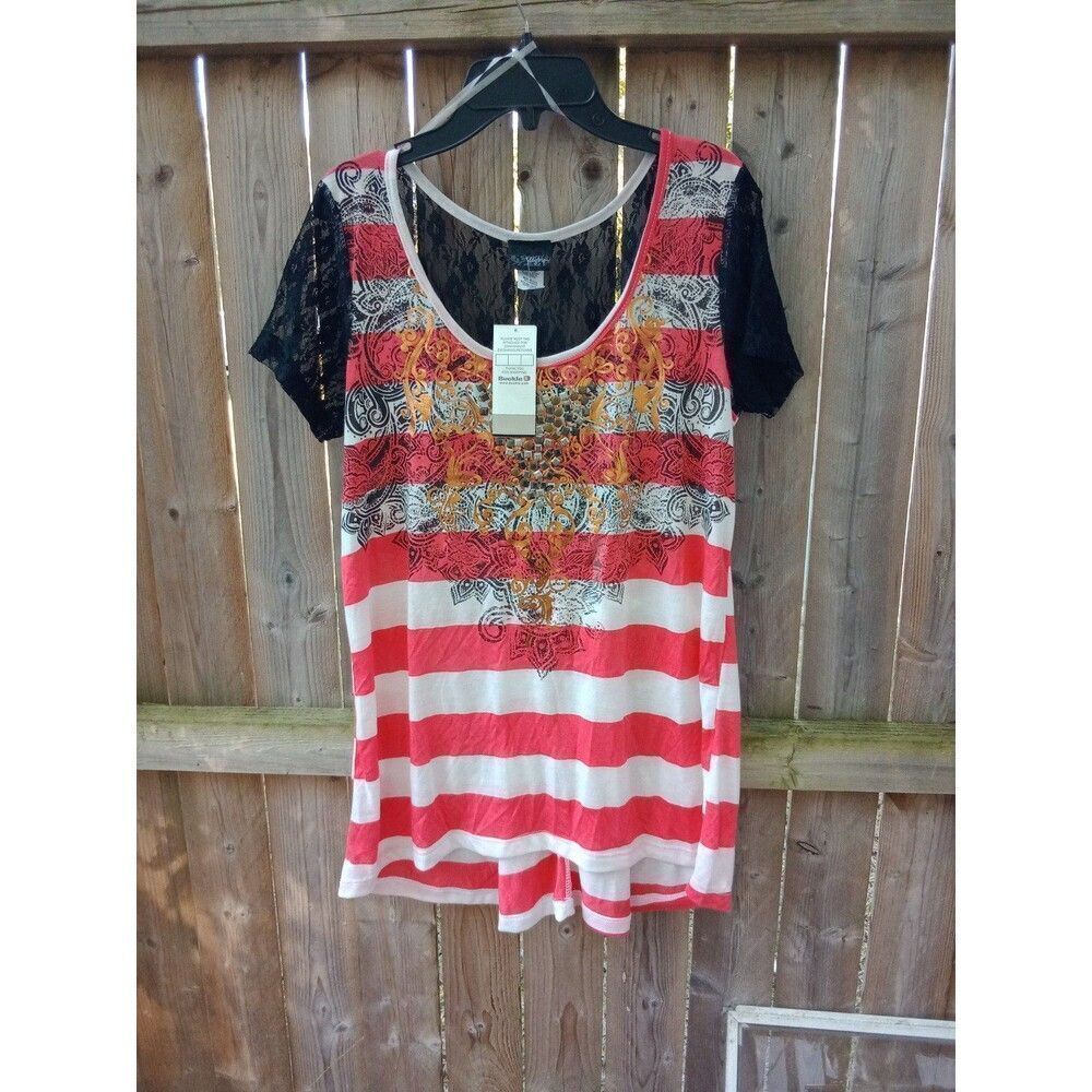 Women's Top Large by Daytrip Orange & White Striped Black Lace Gathered Back NWT